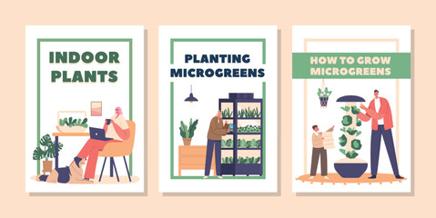 Fototapeta na wymiar Banners with Characters Engage in Home Gardening, Cultivating Greenery and Microgreens Indoors, Vector Illustration