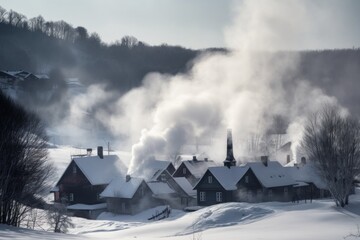 A picturesque snowy village enveloped in a misty haze of smoke