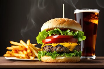 grilled burger and fries, coke (a delicious dish) 