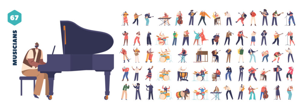Set of Musician Characters Playing Grand Piano, Guitar, Banjo and Saxophone. Singing with Microphone, Cartoon People