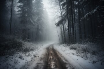 Obraz premium A serene winter road through a snowy forest