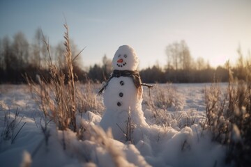 A snowman standing in a snowy field