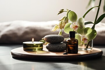 Tranquility mood Spa or beauty salon table top objects still life.