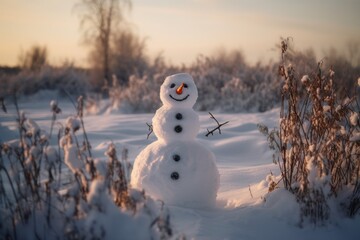 A cute snowman standing in a snowy field