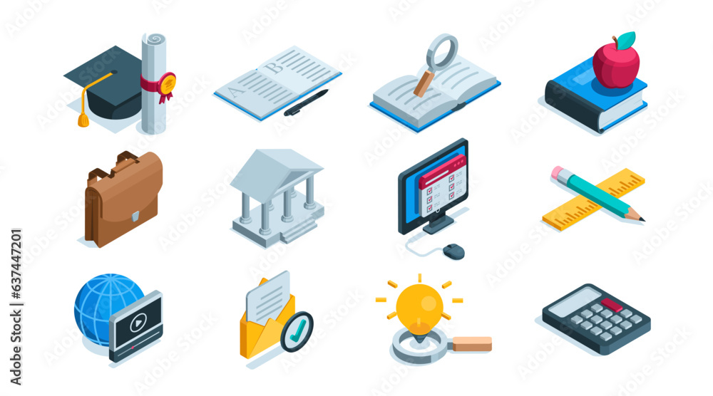 Poster isometric set of icons on the theme of education and study in color on a white background, a bachelo