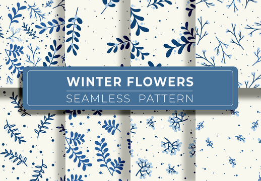 Set of Winter Flowers and Leaves Seamless Pattern