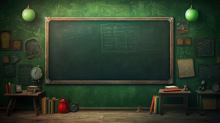a horizontal format of a green chalkboard in a classroom with space for copy in Education-themed, photorealistic illustrations in JPG.  Generative ai