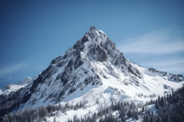 A snowy mountain landscape with trees in the foreground