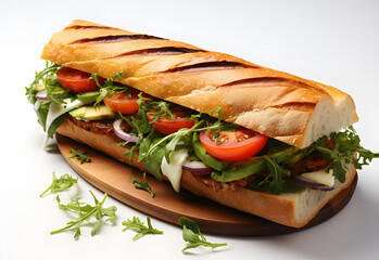 Baguette sandwich with tomato, cucumber, onion and arugula