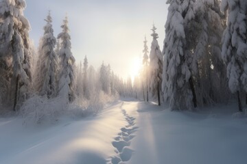 A serene winter forest with fresh footprints in the snow