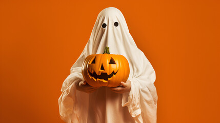 A person in a ghost costume holding a pumpkin