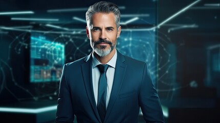 Fototapeta premium a businessman, CEO looking confident and calm in a high-tech environment-themed image as a JPG horizontal format. generative ai