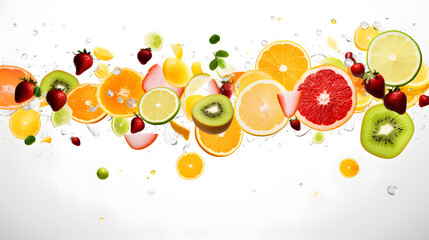 Many Cut fruit flying on white background