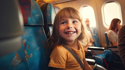 Happy Little Girl Traveling in Airplane, Secured with Seat Belt