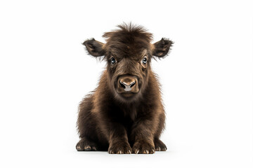 a baby bison sitting down on a white surface