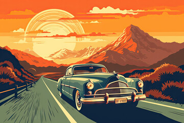Retro-style vintage car driving on a scenic road with mountains in the background and a sunset sky - obrazy, fototapety, plakaty