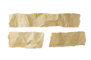 Brown crumpled paper pieces with torn edge isolated on white, transparent background, PNG. Recycled craft paper wrinkled, creased texture, ripped border. Template, mockup with copy space for text