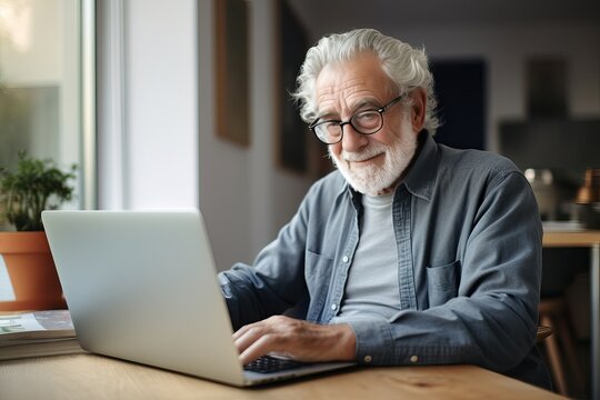 Elderly man in eyeglasses works at home in front of a laptop monitor. He is smiling and looking at camera. Freelancing at any age.