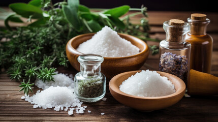 Obraz na płótnie Canvas sea salt and herbs. aromatherapy and health benefits