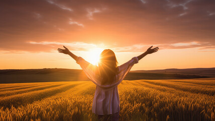 woman or girl on field raising arms. freedom and vitality