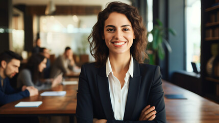 Female manager smiling happily in a office. Dress code - obrazy, fototapety, plakaty