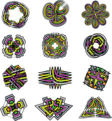Set of abstract lines and shapes of logo, icon, symbol or pattern. Creative idea of symmetrical pattern or mandala for decorations. Vector illustration.