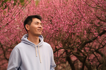 happy smile handsome Asian young man at pink plum blossom trees grove