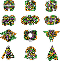 Set of abstract lines and shapes of logo, icon, symbol or pattern. Creative idea of symmetrical pattern or mandala for decorations. Vector illustration.