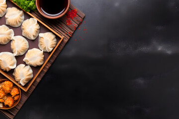 Dim Sum around the black board. top view. copy space background