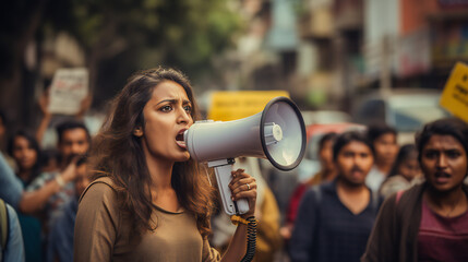 woman is chanting her demands through a megaphone during a demonstration. portrait of a radicalized young caucasian woman. In the background, a crowd of demonstrators with placards