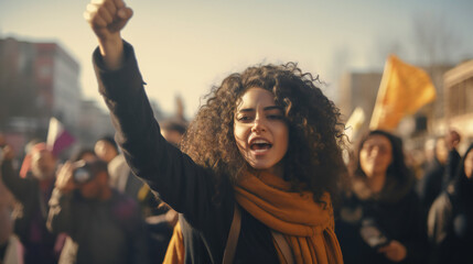 woman is chanting her demands through a megaphone during a demonstration. portrait of a radicalized young caucasian woman. In the background, a crowd of demonstrators with placards
