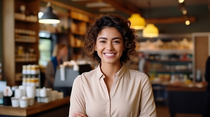Portrait of a beautiful smiling female small business owner. business owners against entrance, gesture inviting you to visit, being proud of small local business. Generative AI