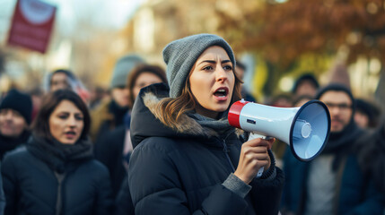 woman is chanting her demands through a megaphone during a demonstration. portrait of a radicalized young caucasian woman. In the background, a crowd of demonstrators with placards. Generation AI - obrazy, fototapety, plakaty