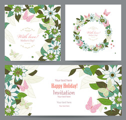 collection of a floral banner, a card and a wreath with white an
