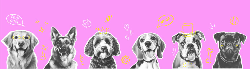 Trendy collage Dogs different breeds Halftone style. Cutout Pet stickers funky black color. Contemporary vector banner