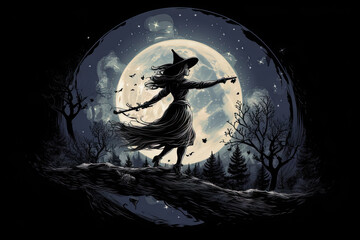 Fototapeta premium Witch flying on a broomstick across a full moon