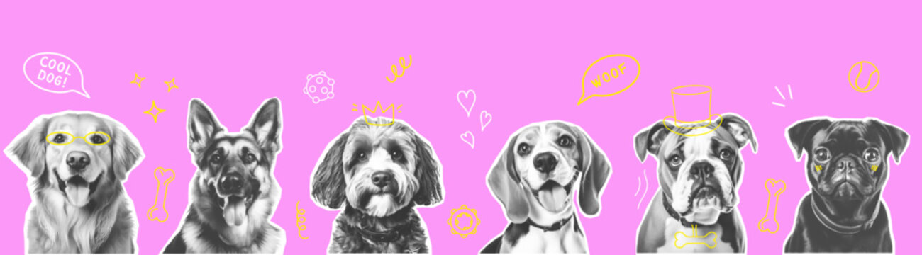 Trendy collage Dogs different breeds Halftone style. Cutout Pet stickers funky black color. Contemporary vector banner