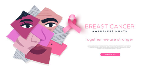 Breast Cancer Awareness Diverse ethnic people face paper collage concept