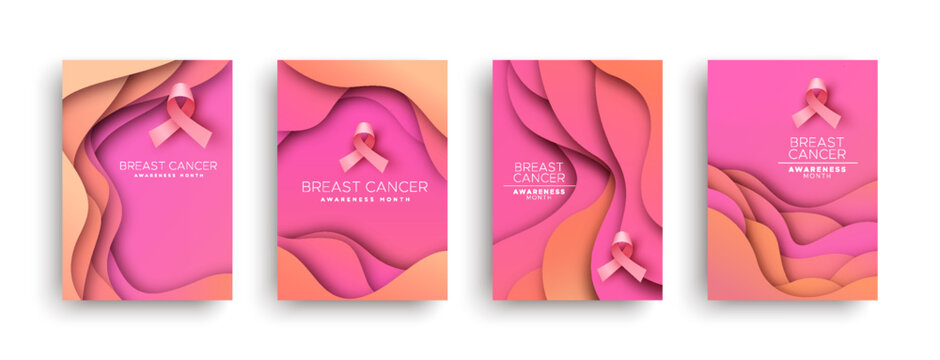 Breast cancer awareness pink ribbon paper cut vector card set