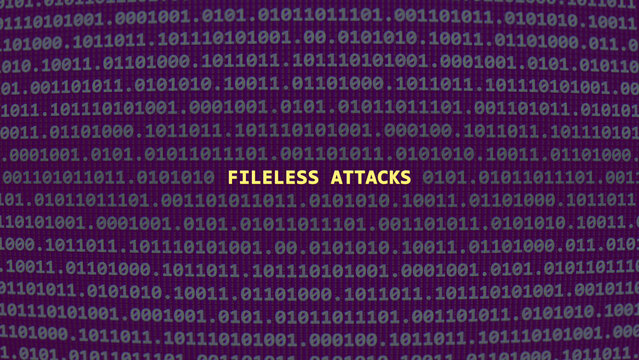 Cyber attack fileless attacks. Vulnerability text in binary system ascii art style, code on editor screen. Text in English, English text