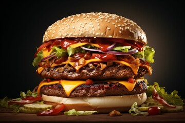 Hamburger sur fond noir, steak, tomate, salade oignon, cheddar, illustration culinaire ia générative