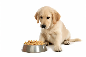 Adorable dog eating dog food on white background  - obrazy, fototapety, plakaty