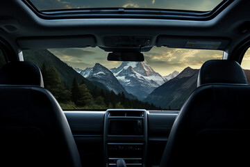Generative AI picture of a mountain view from the interior of an electric vehicle passenger seat