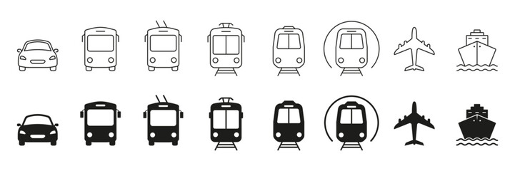 Vehicle Types Line and Silhouette Icon Set. Public Transport Pictogram. Railway, Air Transportation, Car, Bus, Train, Metro, Ship, Plane Symbol Collection. Road Sign. Isolated Vector Illustration