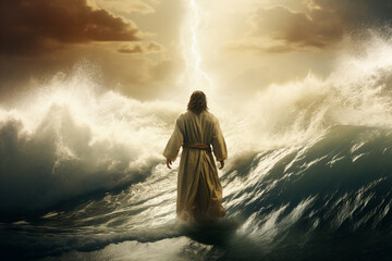 Figure of Jesus walks on water separate waters beautiful dramatic sunset generative ai picture - obrazy, fototapety, plakaty