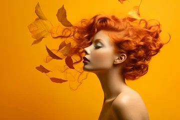 Foto auf Acrylglas Schönheitssalon Generative AI picture of attractive redhead woman model symbolizing autumn season over background
