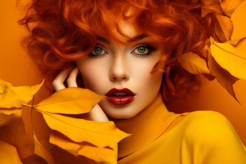 Generative AI picture of attractive redhead woman model symbolizing autumn season over background - obrazy, fototapety, plakaty