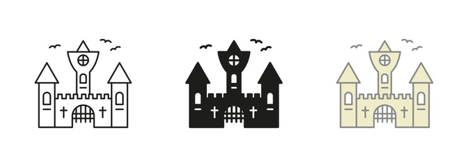 Gothic Spooky Castle Pictogram Black and Color Set. Vampire Dracula Scary Castle Line and Silhouette Icons. Dark Old Castle for Halloween Celebration Symbols. Isolated Vector Illustration