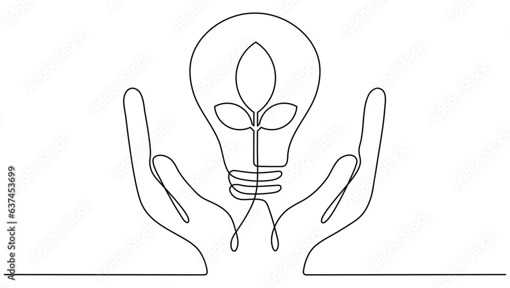 Poster lightbulb with leaf in hands continuous line drawing. arms holding sprout with leaves inside lamp. l