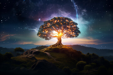 Generative ai collage photo of beautiful landscape old magic glitter tree in mystical hill woods